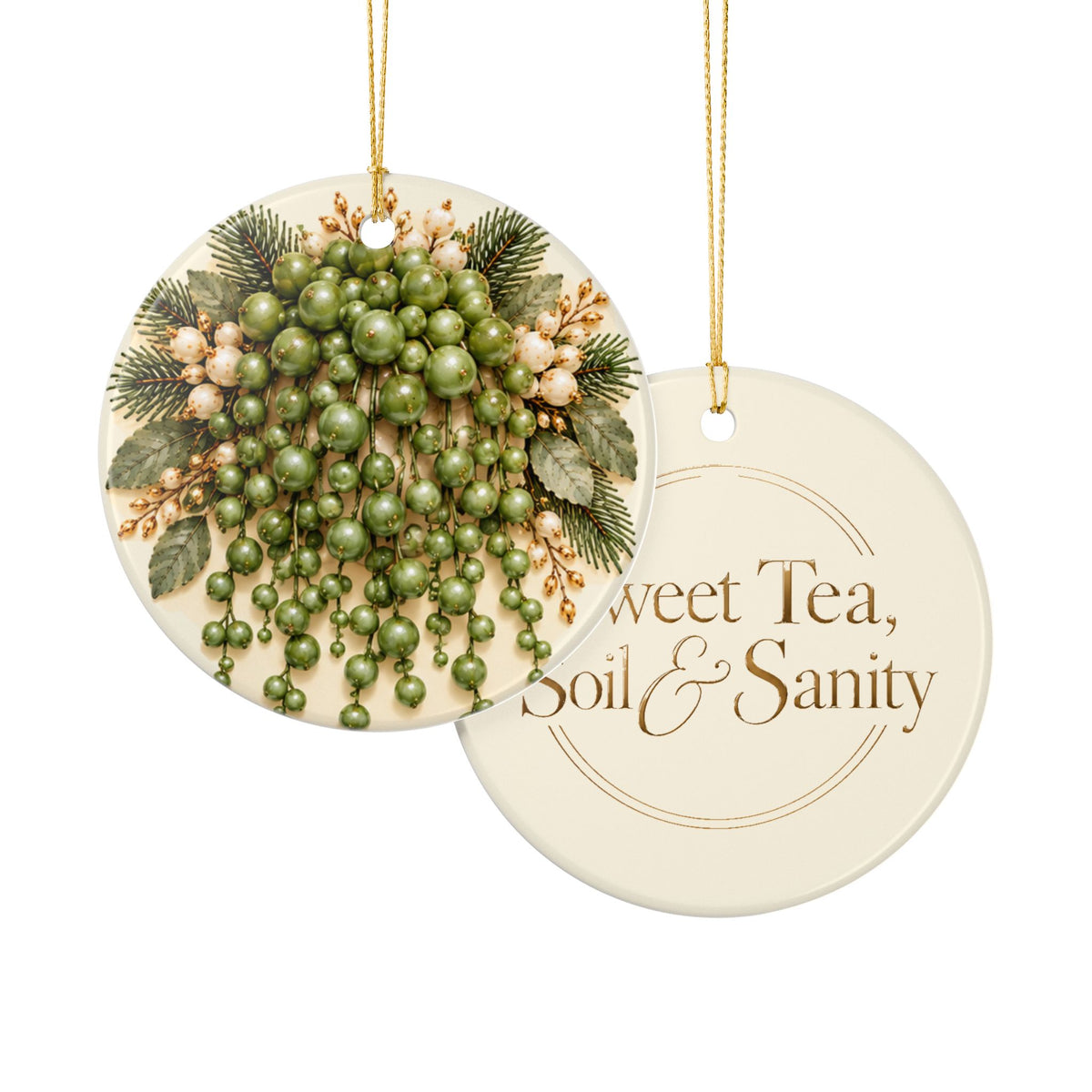 Ceramic Ornament – Vintage Green Berry Wreath / “Sweet Tea, Soil & Sanity” Holiday Décor