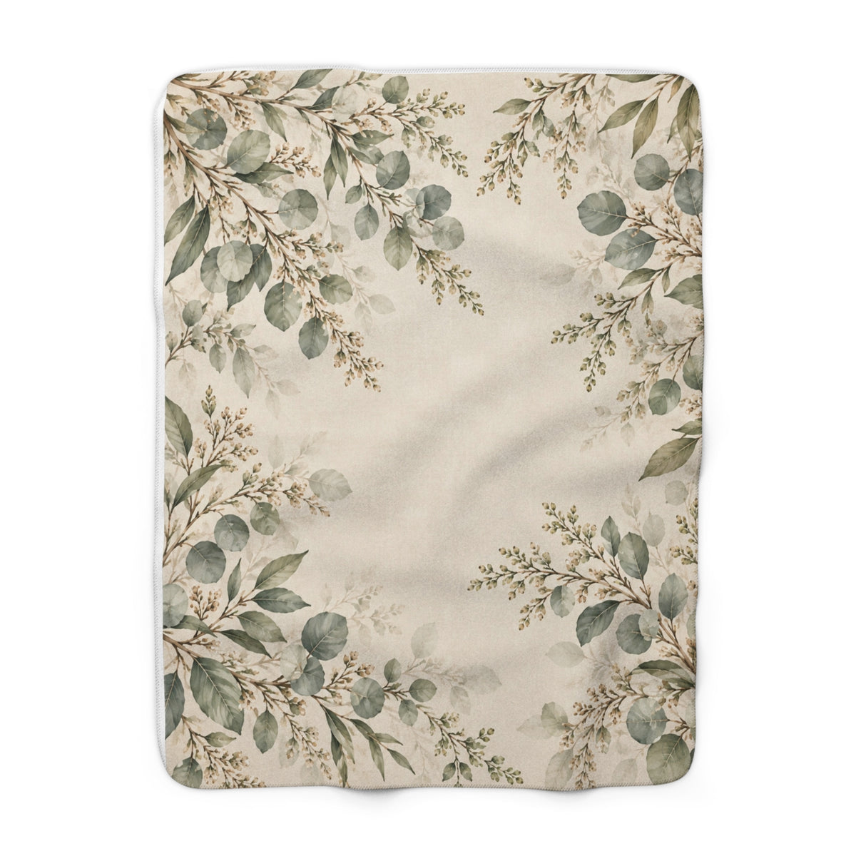 Eucalyptus & Neutral Foliage Sherpa Blanket — Cozy Botanical Throw for Living Room & Bedroom