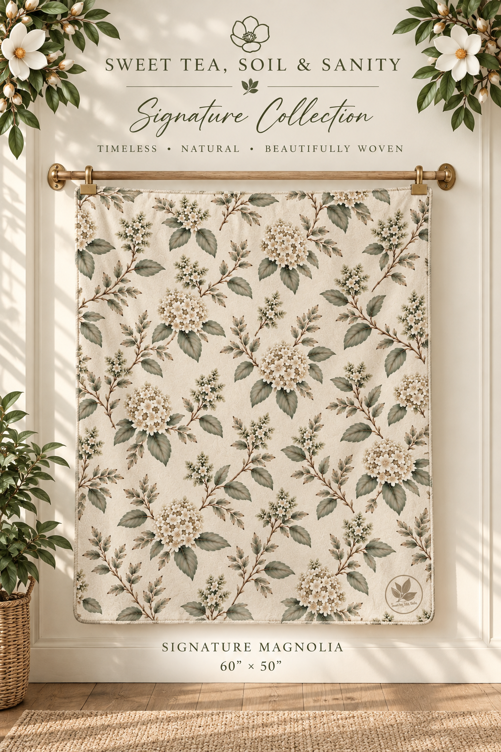 Vintage Hydrangea Sherpa Fleece Blanket, 50 × 60 in