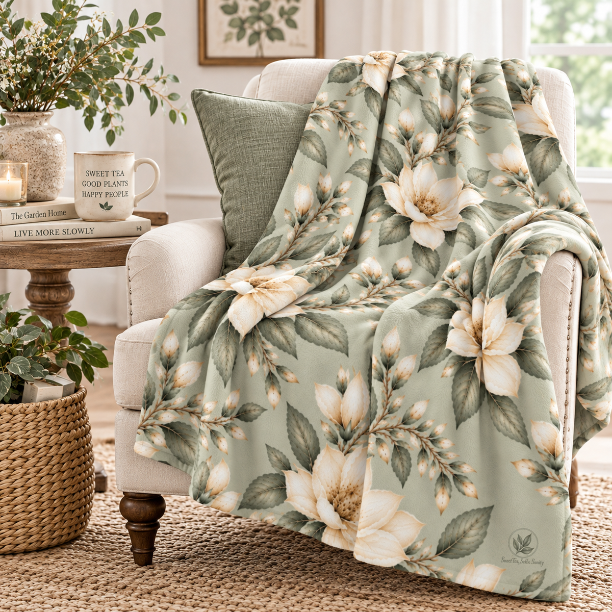 Magnolia Floral Sherpa Fleece Blanket, 50 × 60 in