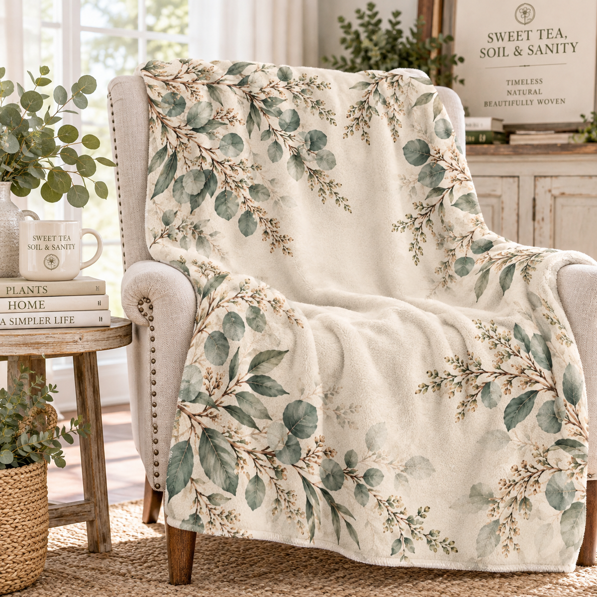 Eucalyptus & Neutral Foliage Sherpa Blanket — Cozy Botanical Throw for Living Room & Bedroom