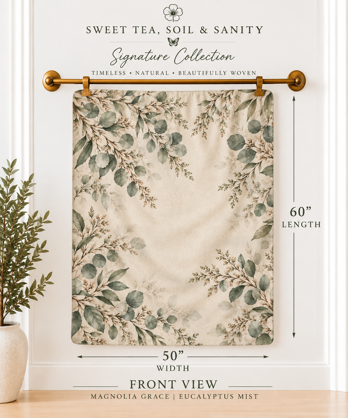 Eucalyptus & Neutral Foliage Sherpa Blanket — Cozy Botanical Throw for Living Room & Bedroom