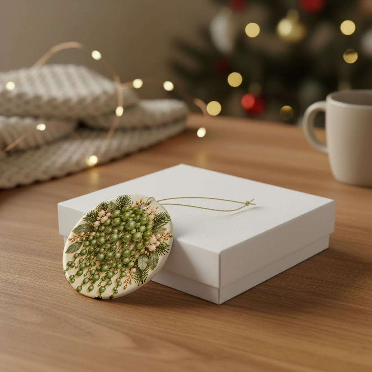 Ceramic Ornament – Vintage Green Berry Wreath / “Sweet Tea, Soil & Sanity” Holiday Décor