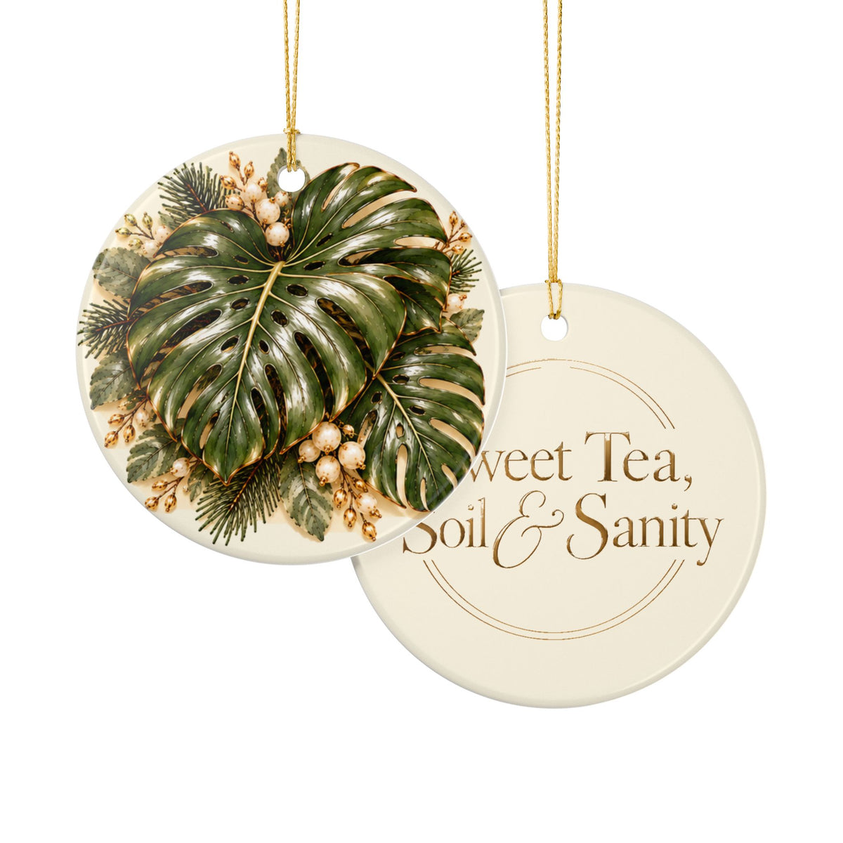 Ceramic Ornament – Tropical Foliage & “Sweet Tea, Soil & Sanity” Holiday Decoration